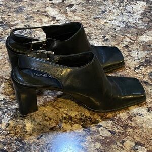 Black Leather Nine West Heels W/ Golden Back Buckle